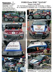 Renaissance Models: Decoraci�n escala 1/24 - Ford Fiesta WRC patrocinado por Qatar N� 4, 5, 6, 11 - Mads Ostberg (NO) + Jonas Andersson (SE), Evgeniy Novikov (RU) + Ilka Minor-Petrasko (AT), Juho H�nninen (FI) + Tomi Tuominen (FI), Thierry Neuville (BE) + Nicolas Gilsoul (BE) - Rally de Monte Carlo - Rallye Automobile de Monte-Carlo 2013 - para la referencia de Belkits BEL-003