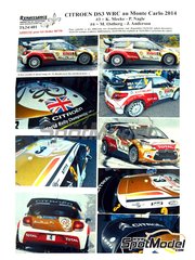 Renaissance Models: Marking / livery 1/24 scale - Citroen DS3 WRC sponsored by Abu Dhabi #3, 4 - Kris Meeke (GB) + Paul Nagle (IE), Mads Ostberg (NO) + Ove Andersson (SE) - Monte Carlo Rally - Rallye Automobile de Monte-Carlo 2014 - water slide decals and assembly instructions - for Heller reference 80758
