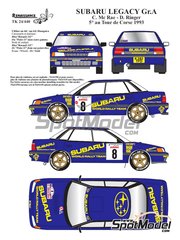 Renaissance Models: Marking / livery 1/24 scale - Subaru Legacy RS Group A 555 Subaru WRT Team #8 - Colin McRae (GB) + Derek Ringer (GB) - Tour de Corse Rallye de France 1993 - water slide decals and assembly instructions - for Hasegawa references 20290, 20311, 20390, 25007 and CR-7