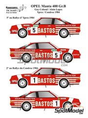 Renaissance Models: Marking / livery 1/24 scale - Opel Manta 400 Group B Dealer Opel Bastos Team #1, 5 - Guy Colsoul (BE) + Alain Lopes (BE) - Condroz Rally - Rallye du Condroz, Ypres Rally 1984 - water slide decals, assembly instructions and painting instructions - for Belkits references BEL008, BEL-008, BEL009 and BEL-009