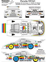 Renaissance Models: Decoracin escala 1/24 - Porsche 935 K3 Equipo Dick Barbour Racing patrocinado por Apple N 71 - Bob Garretson (US) + Allan Moffat (AU) + Bobby Rahal (US) - 24 Horas de Le Mans 1980 - calcas de agua y manual de instrucciones - para las referencias de Nunu PN24006 y PN24029