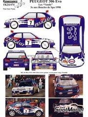 Renaissance Models: Decoracin escala 1/24 - Peugeot 306 Maxi Evo1 Equipo Peugeot Sport N 7 - Jean-Pierre van de Wauwer (BE) + Jean Vanderschueren (BE) - Boucles de SPA 1998 - calcas de agua, manual de instrucciones e instrucciones de pintado - para la referencia de Nunu PN24009