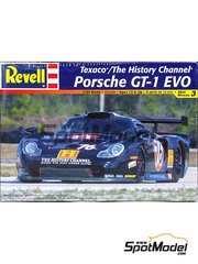 Revell: Car scale model kit 1/24 scale - Porsche 911 996 GT-1 Evo Gunnar Racing Team sponsored by Texaco The History Channel #76 - Paul Newman (US) + Gunnar Jeannette (US) + Wayne Jackson (US) + Mike Brockman (US) - 24 Hours of Daytona 2001 - plastic parts, rubber parts and water slide decals image