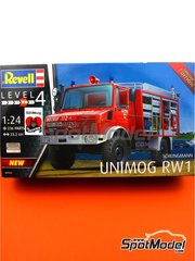 Revell: Special vehicle scale model kit 1/24 scale - Mercedes-Benz Schlingmann Unimog RW1 - plastic parts, rubber parts, water slide decals, other materials, assembly instructions and painting instructions image