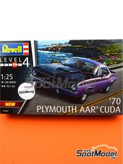 Revell: Car scale model kit 1/25 scale - Plymouth AAR Cuda 1970 - plastic parts, rubber parts, water slide decals and assembly instructions image