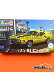 Revell: Car scale model kit 1/25 scale - Shelby Ford Mustang GT500 1970 - plastic parts, rubber parts, water slide decals, assembly instructions and painting instructions image