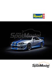 Revell: Car scale model kit 1/16 scale - Nissan Skyline R34 GT-R sponsored by Fast & Furious 1999 - plastic parts, rubber parts, water slide decals, assembly instructions and painting instructions image