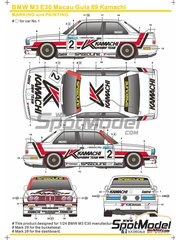 SK Decals: Marking / livery 1/24 scale - BMW M3 E30 sponsored by Kamachi BMW #2 - Emanuele Pirro (IT), Altfrid Heger (DE) - Guia Race of Macau 1989 - water slide decals and assembly instructions - for Beemax Model Kits references B24007, Aoshima 098196 and B24019, or Nunu references PN24014, PN-24014, PN24017, PN-24017, PN24019 and PN-24019