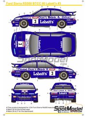 SK Decals: Marking / livery 1/24 scale - Ford Sierra RS500 Group A sponsored by Labatt's #3 - Tim Harvey (GB) - British Touring Car Championship - BTCC 1990 - resin parts, water slide decals and assembly instructions - for Tamiya references TAM24080 and TAM24081 image