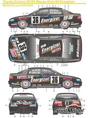 SK Decals: Marking / livery 1/24 scale - Toyota Corona ST191 Tom's Team sponsored by Energizer #36 - Tom Kristensen (DK) - Guia Race of Macau 1994 - water slide decals and placement instructions - for Beemax Model Kits reference B24013, or Nunu references PN24020 and PN-24020