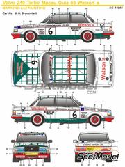 SK Decals: Marking / livery 1/24 scale - Volvo 240 Turbo Group A Eggenberger Team sponsored by Watson's #6, 7 - Gianfranco Brancatelli (IT), Thomas Lindstrm (SE) - Guia Race of Macau 1985 - water slide decals and placement instructions - for Beemax Model Kits references B24012, 98257 and BX24027, or Nunu references PN24013 and NU24013