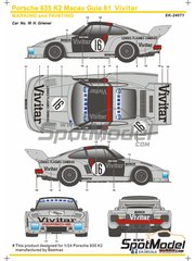 SK Decals: Decoracin escala 1/24 - Porsche Kremer 935 K2 patrocinado por Vivitar N 16 - Helmut Greiner (DE) - Guia Race de Macau 1981 - calcas de agua y manual de instrucciones - para las referencias de Beemax Model Kits B24015, 105108 y aos10510