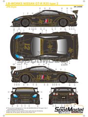 SK Decals: Marking / livery 1/24 scale - Liberty Walk LB Works Nissan R35 GT-R Type 2 sponsored by John Player Special #12 - water slide decals, assembly instructions and tobacco sponsor decals - for Aoshima references 05590, 055908, 55908, 55915, 05591 and 55922