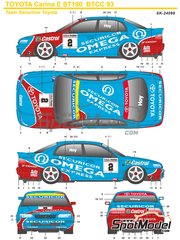 SK Decals: Marking / livery 1/24 scale - Toyota Carina E ST190 Securicor Toyota Team sponsored by Omega #2, 21 - Will Hoy (GB), Julian Bailey (GB) - British Touring Car Championship - BTCC 1993 - resin parts, water slide decals, assembly instructions and painting instructions - for Beemax Model Kits reference B24024 image