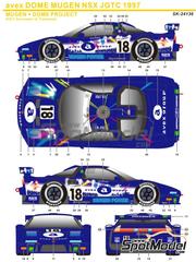 SK Decals: Marking / livery 1/24 scale - Honda NSX sponsored by Avex Mugen + Dome Project #18 - Takuya Kurosawa (JP) + Katsumi Yamamoto (JP) - Japan GT Championship JGTC 1997 - water slide decals, assembly instructions and painting instructions - for Tamiya reference TAM24193 image