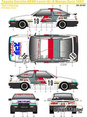 SK Decals: Marking / livery 1/24 scale - Toyota Corolla AE86 Levin Group A Tom's Team sponsored by Lui Japan #19 - Nobuhide Tachi (JP) - Guia Race of Macau 1983 - water slide decals and placement instructions - for Fujimi references FJ06151, FJ06234 and FJ06239