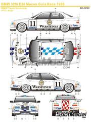 SK Decals: Marking / livery 1/24 scale - BMW 320i E36 Schnitzer Team sponsored by Warsteiner #11, 21, 22 - Charles Kwan Siu-cheung (HK), Steve Soper (GB), Joachim Winkelhock (DE) - Guia Race of Macau 1996 - water slide decals and placement instructions - for Beemax Model Kits reference BX24045