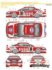SK Decals: Marking / livery 1/24 scale - Toyota Corona Exiv Tom's Team sponsored by Esso, Zent #1, 36, 37 - Masanori Sekiya (JP), Kelvin Burt (GB), Michael Krumm (DE), Julian Bailey (GB) - Japan Touring Car Championship (JTCC), Guia Race of Macau 1995 - water slide decals and placement instructions - for Tamiya references TAM24155 and TAM24158