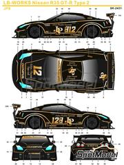 SK Decals: Marking / livery 1/24 scale - Liberty Walk LB Works Nissan R35 GT-R Type 2 (Chrome and Carbon Version) sponsored by John Player Special #12 - water slide decals, assembly instructions and tobacco sponsor decals - for Aoshima references 05590, 055908, 55908, 55915, 05591 and 55922