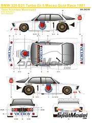 SK Decals: Marking / livery 1/24 scale - BMW 320 E21 Turbo Group 5 Schnitzer Motorsport Team sponsored by Viceroy #1, 2 - Manfred Winkelhock (DE), Herbert Adamczyk (HK) - Guia Race of Macau 1981 - water slide decals and placement instructions - for Beemax Model Kits reference BX24028 image