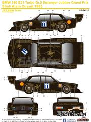 SK Decals: Marking / livery 1/24 scale - BMW 320 E21 Turbo Group 5 sponsored by John Player Special #11 - Roberto Ravaglia (IT) - Selangor Jubilee Grand Prix 1985 - water slide decals, placement instructions and tobacco sponsor decals - for Beemax Model Kits reference BX24028