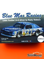 Salvinos JR Models: Car scale model kit 1/24 scale - Pontiac Grand Prix 2+2 Blue Max Racing Team sponsored by Alligard #27 - Rusty Wallace (US) - Nascar - National Association for Stock Car Auto Racing 1986 - plastic parts, rubber parts, water slide decals, assembly instructions and painting instructions