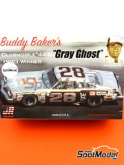 Salvinos JR Models: Car scale model kit 1/25 scale - Oldsmobile 442 Gray Ghost Ranier-Lundy Racing Team sponsored by Napa #28 - Buddy Baker (US) - Daytona 500 miles 1980 - plastic parts, rubber parts, water slide decals, assembly instructions and painting instructions