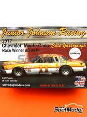 Salvinos JR Models: Car scale model kit 1/25 scale - Chevrolet Monte Carlo Junior Johnson Racing Team sponsored by Holly Farms #11 - Cale Yarborough (US) - Nascar - National Association for Stock Car Auto Racing 1977 - plastic parts, rubber parts, water slide decals, assembly instructions and painting instructions