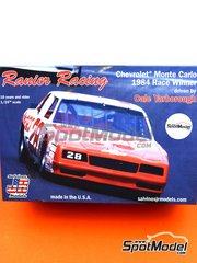 Salvinos JR Models: Car scale model kit 1/24 scale - Chevrolet Monte Carlo Ranier Racing Team sponsored by Hardee's #28 - Cale Yarborough (US) - Daytona 500 miles 1984 - plastic parts, rubber parts, water slide decals, assembly instructions and painting instructions