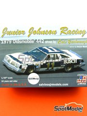 Salvinos JR Models: Car scale model kit 1/25 scale - Oldsmobile 442 Junior Johnson Racing Team sponsored by Busch #11 - Cale Yarborough (US) - Nascar - National Association for Stock Car Auto Racing 1979 - plastic parts, rubber parts, water slide decals, assembly instructions and painting instructions