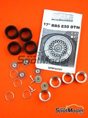 Scale Production: Rims and tyres set 1/24 scale - 17 inches BBS E50 DTM - resin parts, rubber parts, turned metal parts and white metal parts - for Beemax Model Kits references B24007 and Aoshima 098196, or Decalcas reference DCL-DEC005, or Fujimi references FJ125725 and RS-17, or Tamiya references TAM24080 and TAM24081