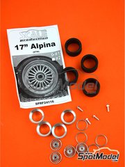 Scale Production: Rims and tyres set 1/24 scale - Alpina 17 inches DTM - CNC metal parts, resin parts, rubber parts, turned metal parts, white metal parts and assembly instructions - for Beemax Model Kits references B24007 and Aoshima 098196, or Decalcas reference DCL-DEC007, or Fujimi references FJ125725 and RS-17