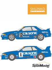 Shunko Models: Marking / livery 1/24 scale - Nissan Calsonic Skyline GT-R #1, 12 - Kazuyoshi Hoshino (JP) + Toshio Suzuki (JP) - JTC InterTEC championship Fuji Speedway, Japanese Grand Touring Car Championship (JGTC) 1990 and 1994 - water slide decals and assembly instructions - for Tamiya references TAM24102 and TAM24184 image