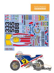 Shunko Models: Marking / livery 1/12 scale - Honda NS500 HRC Team sponsored by Castrol #3, 5, 8 - Freddie Spencer (US), Marco Lucchinelli (IT), Takazumi Katayama (JP) - Motorcycle World Championship 1983 - water slide decals and placement instructions - for Tamiya references TAM14032, TAM14042, TAM14050 and TAM14125 image
