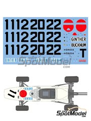 Shunko Models: Marking / livery 1/20 scale - Honda RA272 #11, 12, 20, 22 - Richie Ginther (US), Ronnie Bucknum (US) - FIA Formula 1 World Championship 1965 - water slide decals and assembly instructions - for Tamiya reference TAM20043