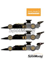Shunko Models: Marking / livery 1/12 scale - Lotus Ford Type 72D Lotus  Team sponsored by John Player Special #1, 8, 32 - Emerson Fittipaldi (BR), Dave Walker (AU), Reine Wisell (SE) - Belgian Formula 1 Grand Prix, Brazilian Formula 1 Grand Prix, British Formula 1 Grand Prix, Italian Formula 1 Grand Prix, USA - United States of America Formula 1 Grand Prix 1972 and 1973 - water slide decals, assembly instructions and tobacco sponsor decals - for Tamiya references TAM12013, BS1213 and TAM12046