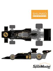 Shunko Models: Marking / livery 1/20 scale - Lotus Ford Type 72E Lotus  Team sponsored by John Player Special #1, 2 - Emerson Fittipaldi (BR), Ronnie Peterson (SE) - Italian Formula 1 Grand Prix, USA - United States of America Formula 1 Grand Prix 1973 - water slide decals, assembly instructions and tobacco sponsor decals - for Ebbro reference EBR20009