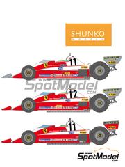 Shunko Models: Marking / livery 1/20 scale - Ferrari 312T3 Scuderia Ferrari Team #11, 12 - Carlos Reutemann (AR), Gilles Villeneuve (CA), Jody Scheckter (ZA) - Brazilian Formula 1 Grand Prix, Canadian Formula 1 Grand Prix, British Formula 1 Grand Prix 1978 and 1979 - water slide decals and placement instructions - for Tamiya references TAM20010 and TAM20051