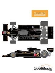 Shunko Models: Marking / livery 1/12 scale - Lotus Ford Type 78 Lotus Team sponsored by John Player Special #5 - Mario Andretti (US) - Formula 1 World Championship 1977 - water slide decals, placement instructions and tobacco sponsor decals - for Tamiya references TAM12022, BS1222 and TAM12037