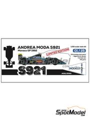 Stone Models: Car scale model kit 1/20 scale - Andrea Moda Judd S921 sponsored by Ellesse #34, 35 - Roberto Moreno (BR), Perry McCarthy (GB) - Monaco Formula 1 Grand Prix 1992 - 3D printed parts, photo-etched parts, seatbelt fabric, water slide decals, other materials and assembly instructions
