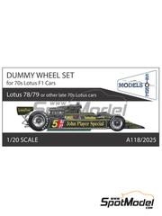 Stone Models: Rims 1/20 scale - Dummy Wheel Set for 70s Lotus F1 Cars - 3D printed parts - for Hasegawa references HAS-FG3 and 23203, or Tamiya references TAM20004, TAM20060, TAM20061 and TAM20065