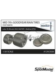 Stone Models: Tyre set 1/20 scale - Goodyear Rain Tires (1974-1978) for Tamiya - 3D printed parts - for Tamiya references TAM12640, TAM20002, TAM20004, TAM20007, TAM20050, TAM20062, TAM20064 and TAM20065 - 4 units
