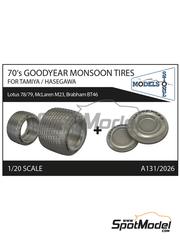 Stone Models: Tyre set 1/20 scale - Goodyear Monsoon Tires (70's) for Tamiya/Hasegawa - 3D printed parts - for Hasegawa references 23203, 52298, SP498, HAS-FG3 and 23203, or Tamiya references TAM12635, TA12635, TAM12640, TAM20002, TAM20004, TAM20007, TAM20050, TAM20060, TAM20062 and TAM20065 - 4 units