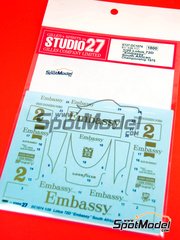 Studio27: Marking / livery 1/20 scale - Lotus Ford 72D Lotus Team sponsored by Embassy #2 - Eddie Keizan (ZA) - South African Formula 1 Grand Prix 1975 - water slide decals and assembly instructions - for Ebbro reference EBR20009