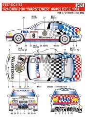 Studio27: Marking / livery 1/24 scale - BMW 318i sponsored by Warsteiner Fina #6, 22 - Steve Soper (GB), Joachim Winkelhock (DE) - British Touring Car Championship - BTCC 1993 - water slide decals and assembly instructions - for Hasegawa references 20269, CS-13 and 20270 image