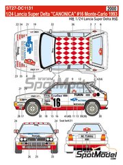 Studio27: Decoracin escala 1/24 - Lancia Super Delta Deltona HF Integrale patrocinado por Canonica N 16 - Christophe Spiliotis (MC) + Herv Thibaud (FR) - Rally de Monte Carlo - Rallye Automobile de Monte-Carlo 1993 - calcas de agua, manual de instrucciones e instrucciones de pintado - para las referencias de Hasegawa 20289, 20433, 25013, CR-13, 20457, 20507, 20548, 20573, 20601, 20648, 20685, 20710, 20785, 20799, 25015, CR-15, 25208, HACR08, HACR13, 25076, CR-116, HACR15, 25015 y CR-15