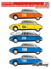 Studio27: Marking / livery 1/24 scale - Citro&euml;n DS19 #104, 176, 195, 233, 298 - Pierre Maurel (FR) + Claude Courbe (FR), Paul Coltelloni (FR) + Pierre Alexandre (FR), Pauli Toivonen (FI) + Ensio Mikkander (FI), Pauli Toivonen (FI) + Anssi J&auml;rvi (FI), Ren&eacute; Trautmann (FR) + Alexis Chabert (FR) - Monte Carlo Rally - Rallye Automobile de Monte-Carlo 1959, 1962, 1963, 1964 and 1966 - water slide decals and placement instructions - for Ebbro reference EBR25005 image