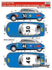 Studio27: Decoracin escala 1/24 - Citron DS19 patrocinado por Coca Cola Shell N 30, 46 - Bob Neyret (FR) + Jacques Terramorsi (FR), Lucette Pointet (FR) + Franoise Houillon (FR) - East African Safari Rally 1965 - calcas de agua e instrucciones de colocacin - para la referencia de Ebbro EBR25005
