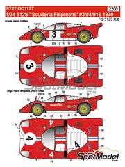 Studio27: Marking / livery 1/24 scale - Ferrari 512S Scuderia Filipinetti Team #3, 4, 16 - 1000 Kms Brands Hatch, 24 Hours Le Mans, Targa Florio 1970 - water slide decals and assembly instructions - for Fujimi references FJ12385 and FJ123851
