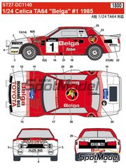 Studio27: Marking / livery 1/24 scale - Toyota TA64 Celica sponsored by Belga #1 - Juha Kankkunen (FI) + Fred Gallagher (GB) - Lotto Haspengouw Rally 1985 - water slide decals and assembly instructions - for Beemax Model Kits references B24004, Aoshima 084564, B24011 and Aoshima 103142 image